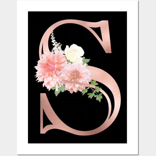 Monogram Rose Gold Letter S Blush Pink Flowers Wall Art by ColorFlowCreations